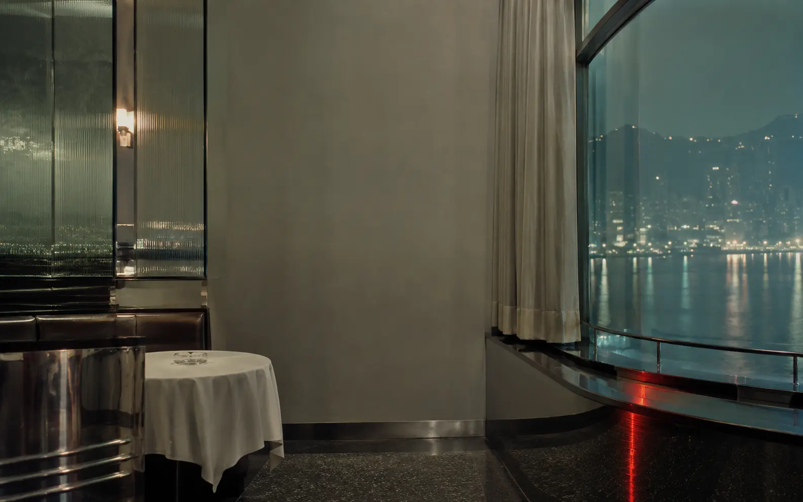 Interpretive view of a modern 1960s Hong Kong restaurant interior overlooking the harbour