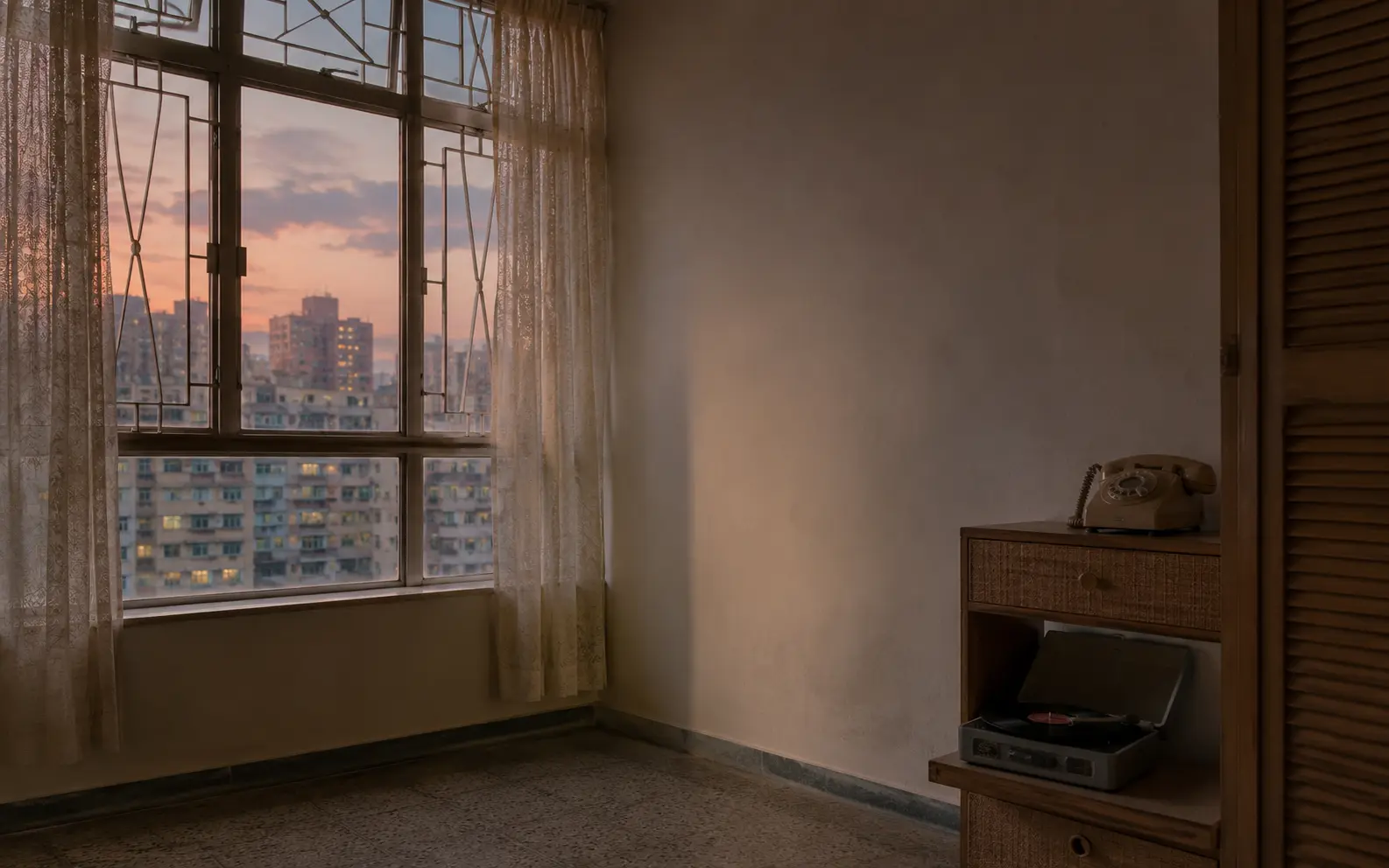 Interpretive view of a late-1970s Hong Kong apartment at dusk