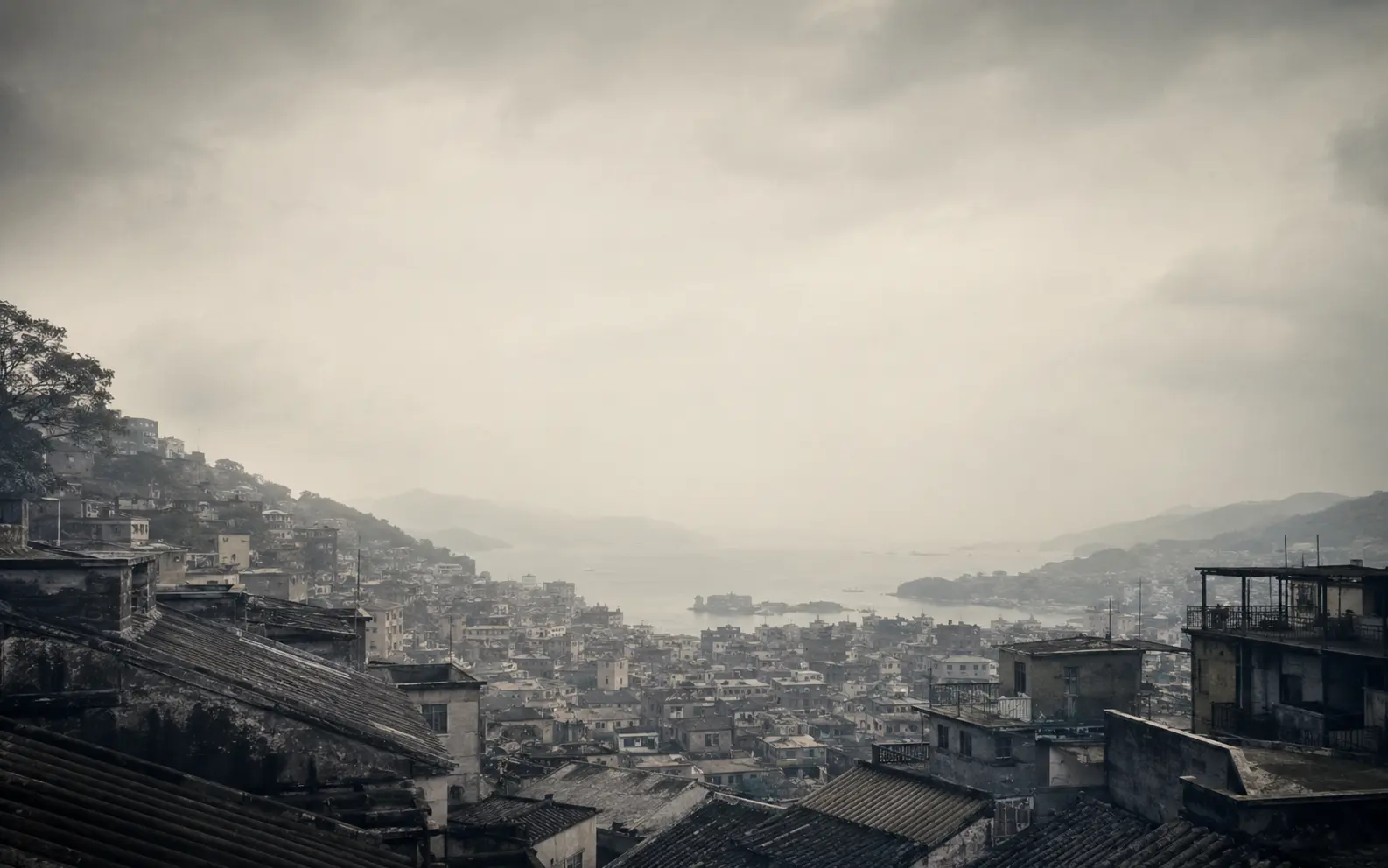 Interpretive view of late-1950s Hong Kong rooftops and harbour mist