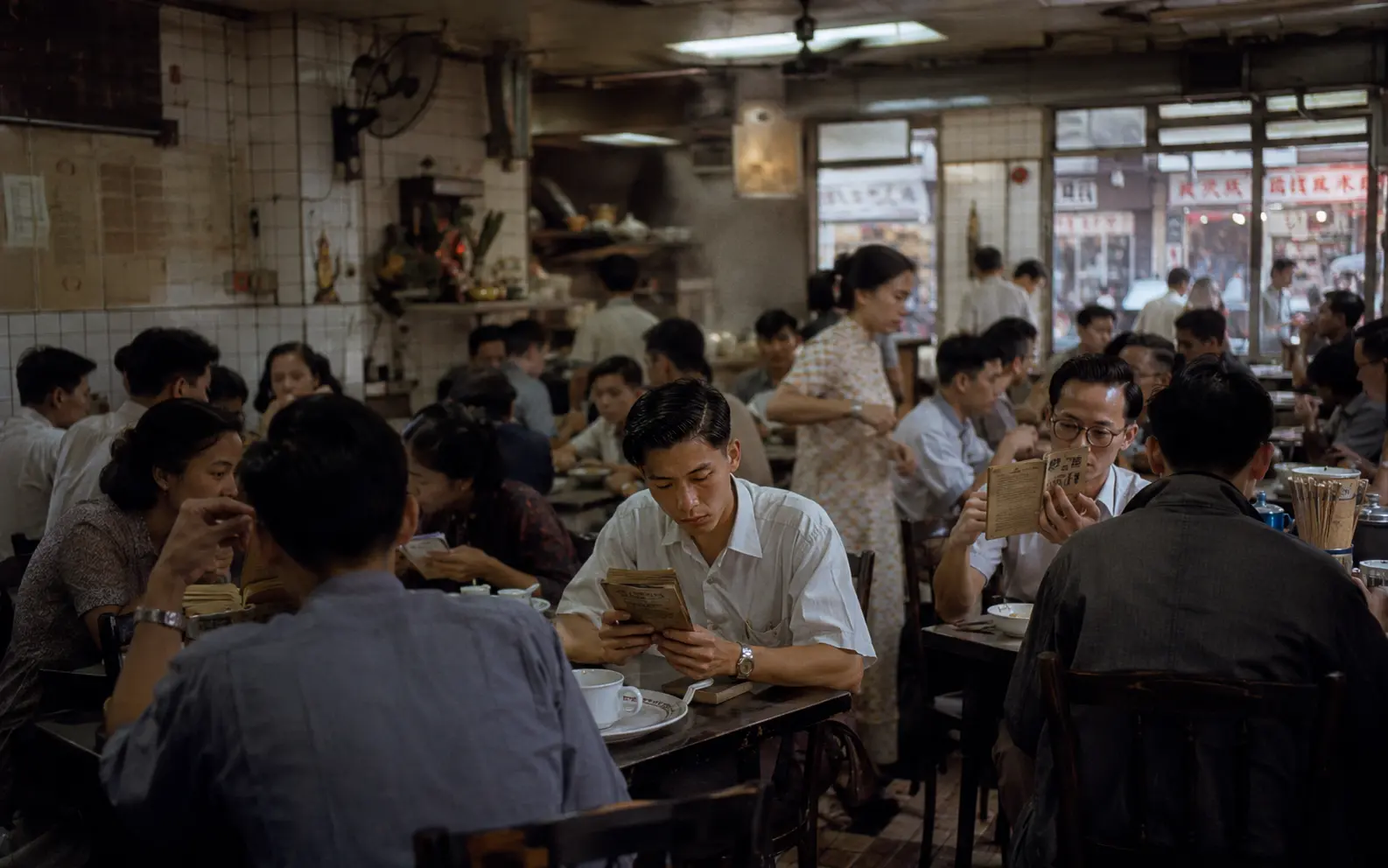 Interpretive reconstruction of people reading inexpensive novels in a crowded Hong Kong restaurant in the 1950s