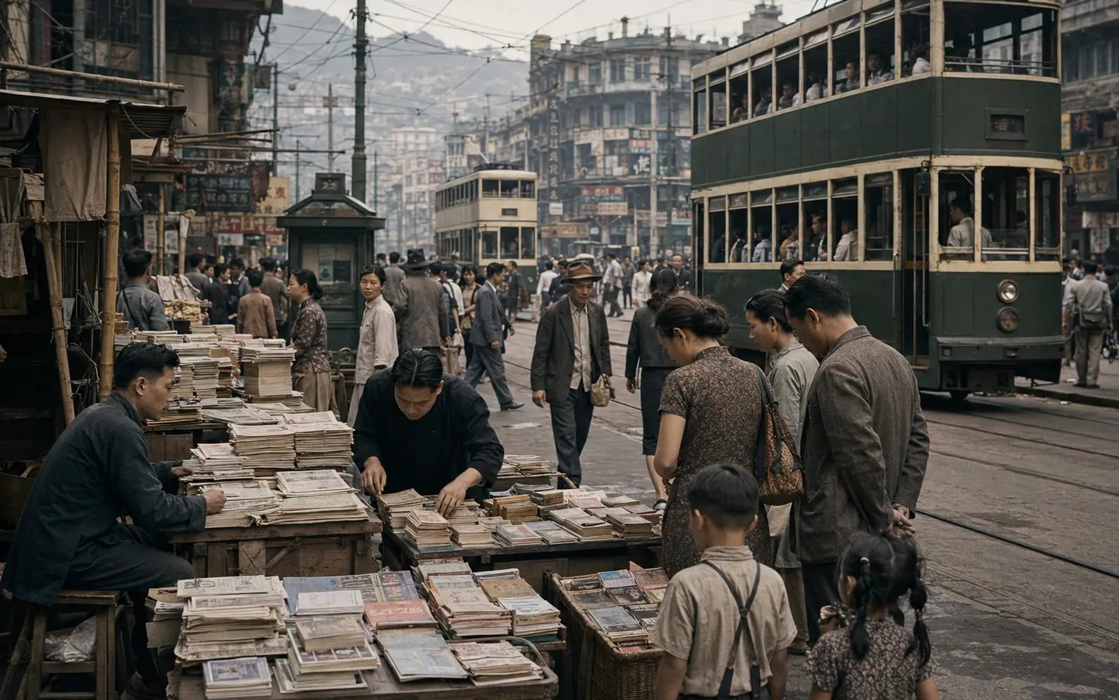 Interpretive reconstruction of newspaper and book vendors near a Hong Kong tram stop in 1950